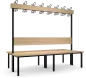Preview: Doppelseitige Garderobenbank mit Sitzauflagen, Rückenlehne und Hackenleiste aus Buchenholzleisten, Ausführung ohne Schuhrost